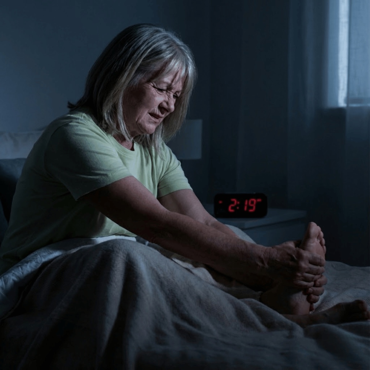 Clock reading 2:19 AM as a woman holds her burning feet in bed