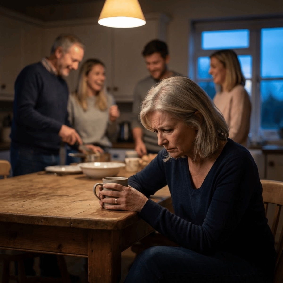 Woman sitting alone at the kitchen table while family talks in the background
