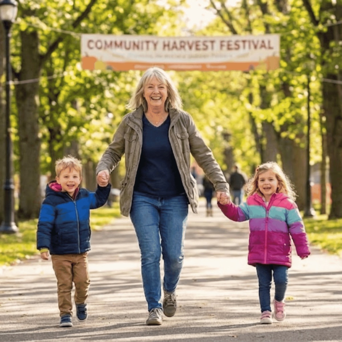 Grandmother walking outdoors holding hands with her two grandchildren