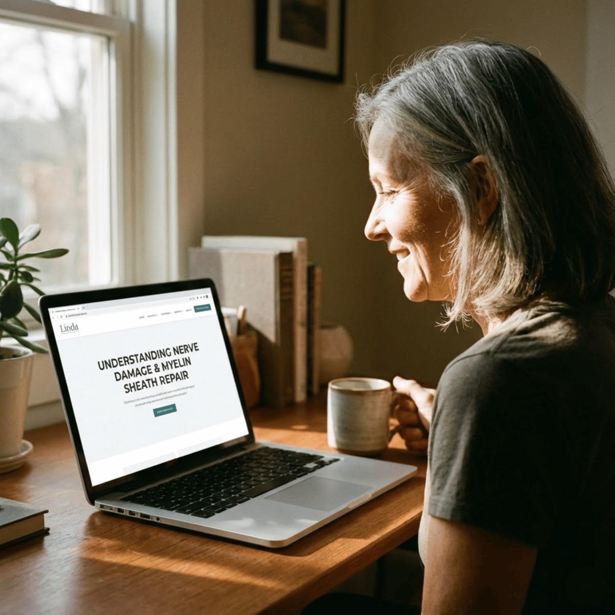 Woman reading an article about nerve damage and myelin sheath repair on her laptop