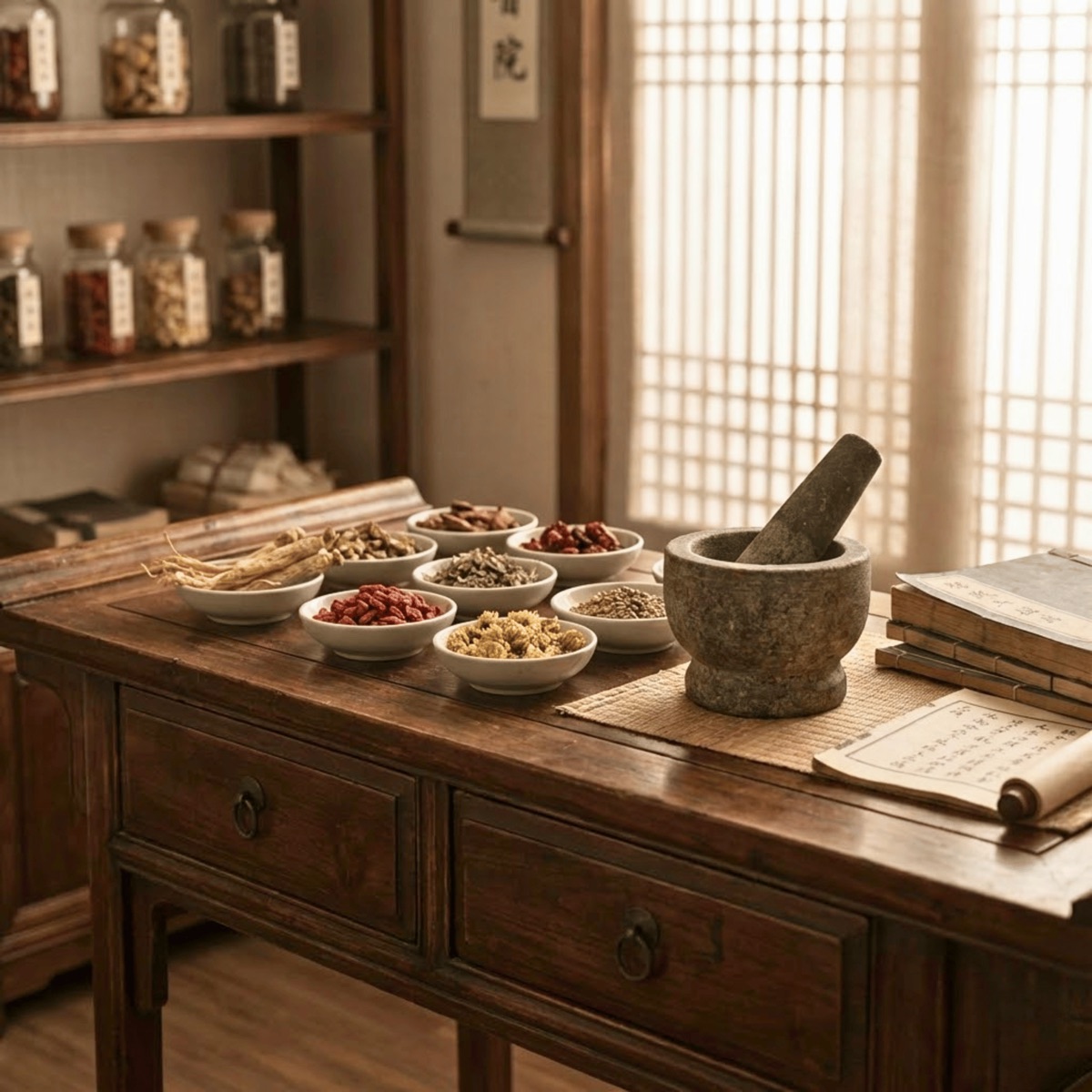 Traditional Asian herbal medicine table with bowls of herbs and a mortar and pestle