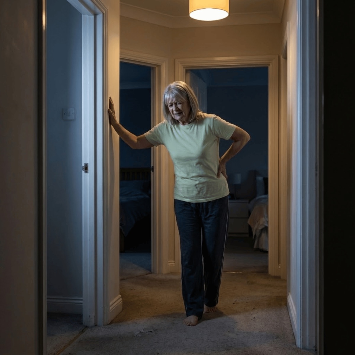 Woman steadying herself against a hallway wall at night