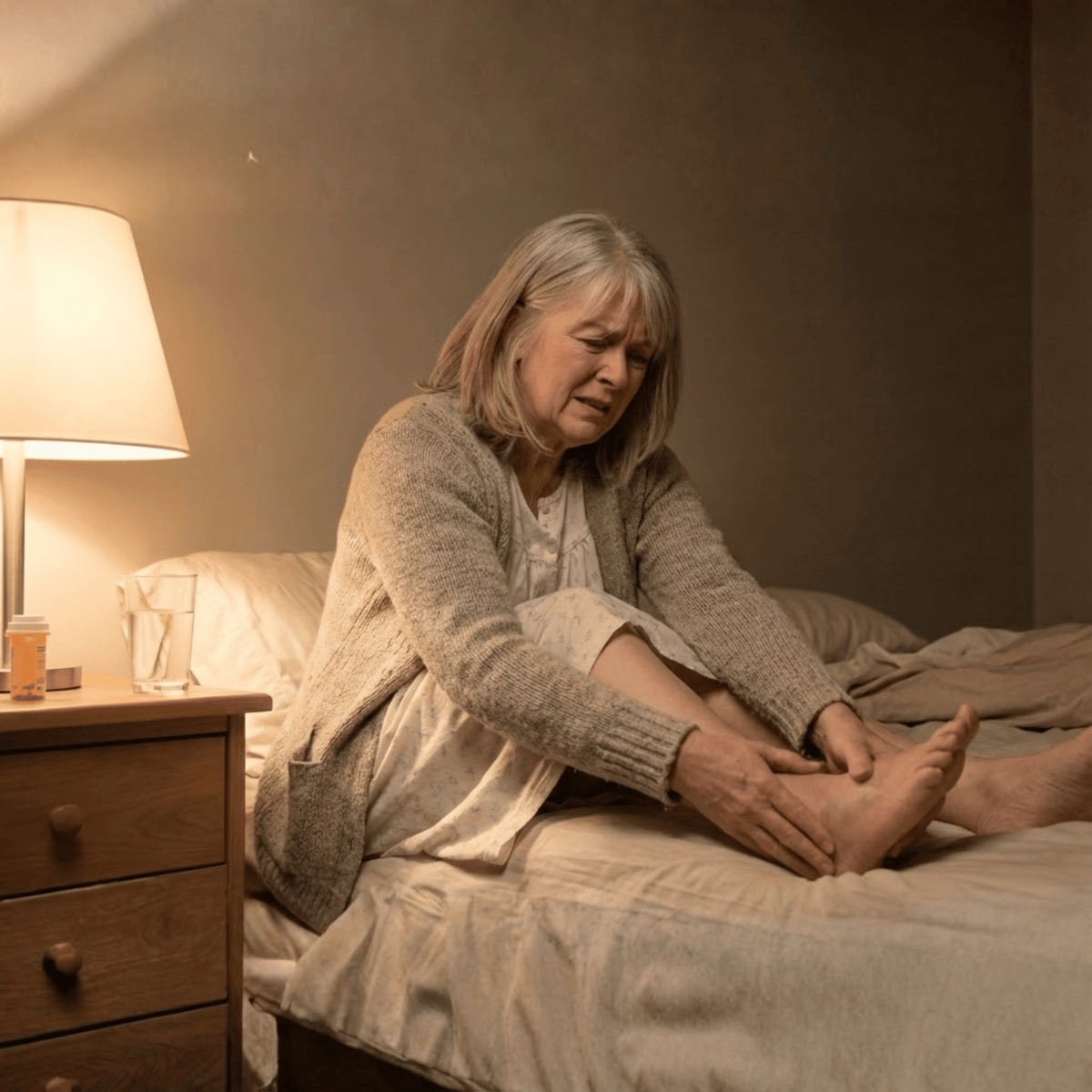 Woman sitting on the edge of her bed at night holding her foot