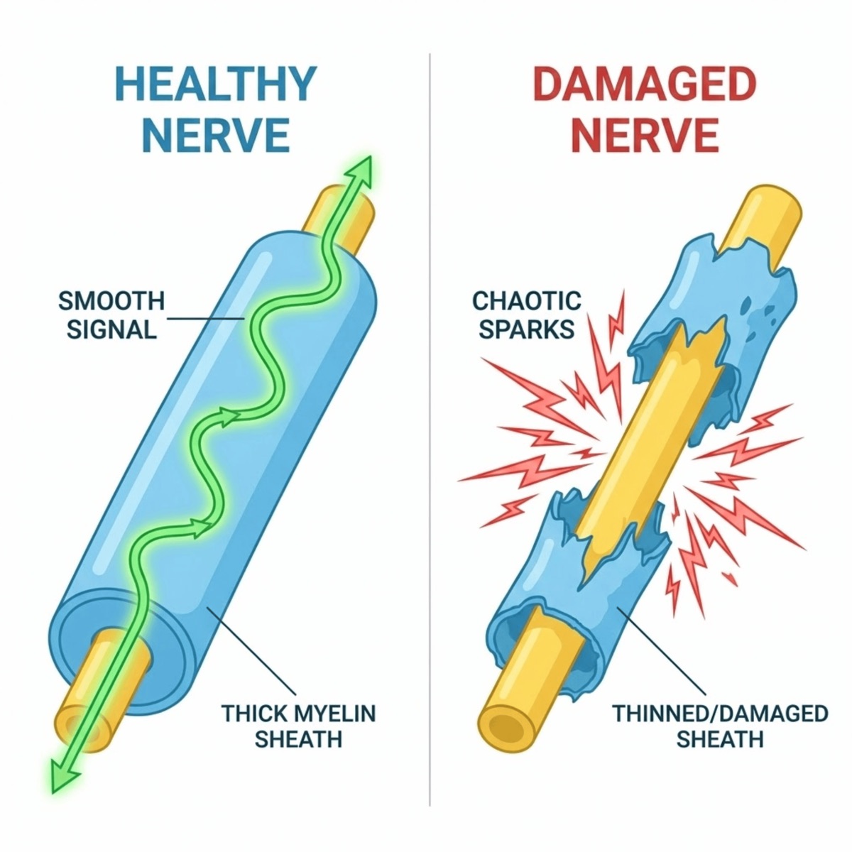 Diagram comparing a healthy nerve with a thick myelin sheath to a damaged nerve with a thinned sheath