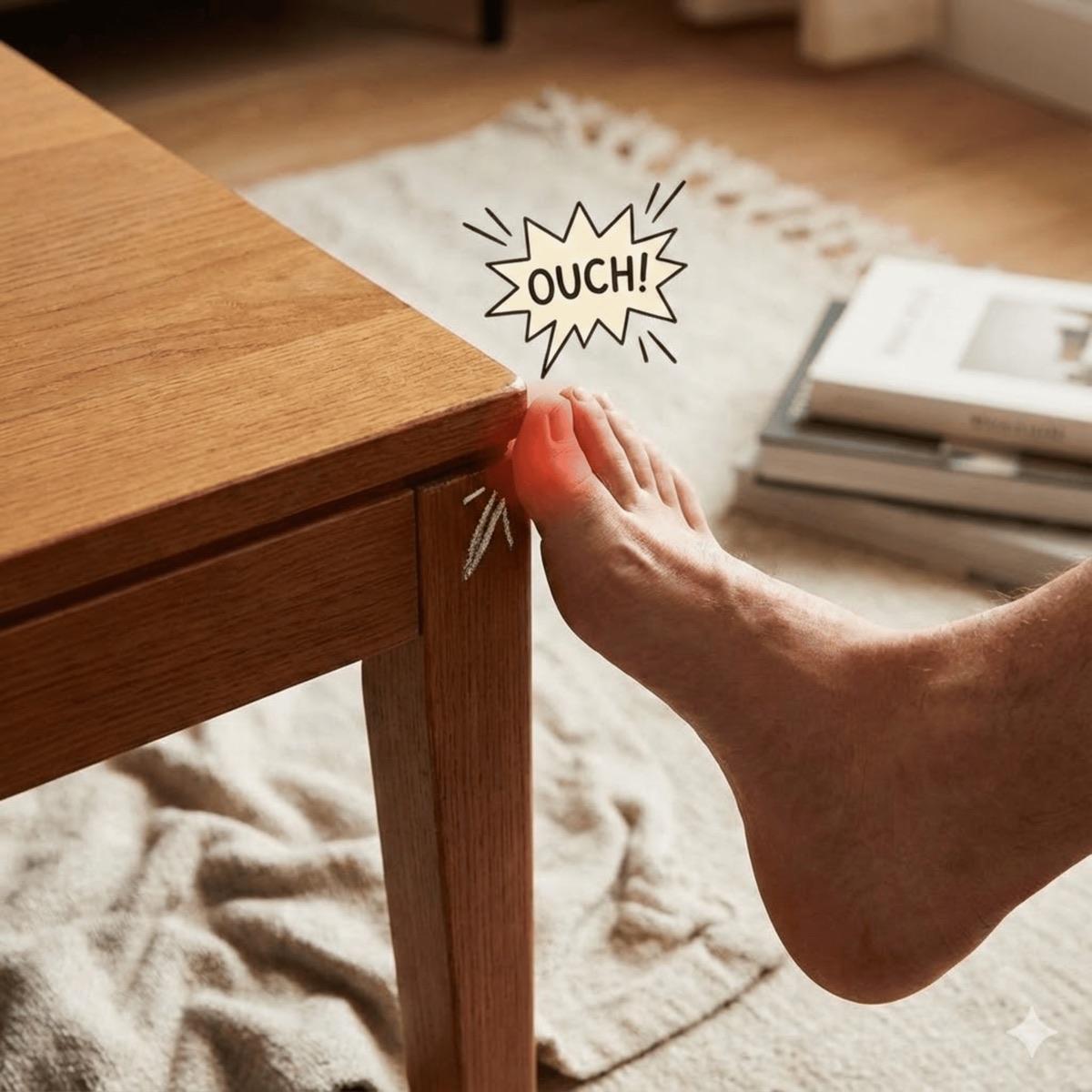 Foot stubbing a table leg with a cartoon OUCH burst
